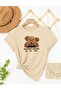 Teddy Bear Printed Red White Beige and Black Basic Oversize T-Shirt
