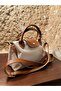 Cream Color Hand and Shoulder Bag with Leather Strap - 2