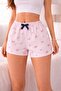 Satin Ribbon Bel Detail Pink Ribbon Patterned Shorts Single Bottom Pajamas - 2