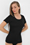 Women's Black T-Shirt Crew Neck Short Sleeve Undershirt 100% Cotton Ribbed - 2
