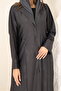Dark Grey Coat Collar Front Open Abaya with Button Detailing | Elegant Modern Abaya for Women - 4