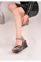 Platinum Wedge Heel Sandals with Cross Stone Detail – 9 cm Platform Sand Finish - 3