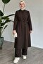 Women's Brown High Collar Belted Long Buttoned Comfortable Fit Hijab Tunic Pants Set - 5