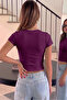 Women's Plum Crew Neck Lycra Short Sleeve Body Crop Blouse - 3