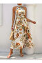 Women's Belted Floral Patterned Halter Neck Single Jersey Dress - 2