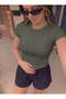 Women's Khaki Green Crew Neck Lycra Short Sleeve Body Crop Blouse - 2