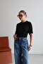 Women's Black Vena Fitted Crew Neck Short Sleeve Blouse - 3