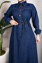 Belted Buttoned Denim Dress – Hijab Denim Long Dress Dark Blue - 4