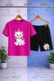 Children's Cat Sitting with Ribbon Printed Crew Neck T-Shirt - Shorts Set