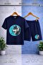 Children's Wolf Gray Turquoise Canvas Printed Crew Neck T-Shirt - Shorts Set