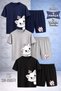 Children's Cat Head with Ribbon Printed Crew Neck 3-Piece T-Shirt - Shorts Set