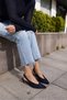 Pelso Women's Navy Blue Genuine Leather Suet Mini Heel Slingback Shoes - 5