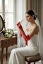 Red Elyndra Pearl Couture Tulle Gloves – Long Luxury Bridal and Event Accessory with Pearl-Embellished Bow - 4