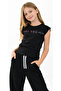 Girl's Text Patterned Zero Sleeve Model T-Shirt with Elastic Waist in Black Color - 2
