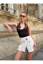 Women's Brown Halter Neck Lace Detailed Backless Stretchy Bodysuit - 7