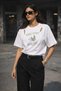 Women's White Printed Oversize T-Shirt with Off-The-Shoulder Cut, Comfortable Fit, Casual T-Shirt - 3