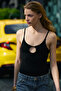 Faustina Women's Soft and Flexible Fabric Body-Fitting Black Blouse with Straps and Snap Fasteners