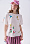 Women's White Printed Loose Fit Crew Neck T-Shirt