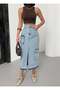 Women's Light Blue High Waist Cargo Pocket Slit Midi Jean Skirt - 8
