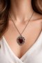Red Heart Stone Antique Pattern Silver Color Unisex Necklace 60 cm Chain