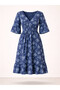 Women’s Blue Printed Midi Dress, V-Neck Half Sleeve Dress - 4