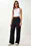 Belted Pleated Woven Palazzo Trousers Lzv0066 Black - 2