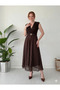Women's Bitter Brown Polka Dot Belted Double Breasted Collar Chiffon Midi Dress - 4