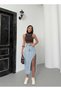 Women's Light Blue High Waist Asymmetrical Cut Slit Midi Jean Skirt - 4