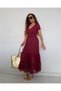 Buketli̇ Women's Below Knee Tulle Belted Pocketed V-Neck Short Sleeve Wide Cut Long Dress - 3