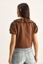 Women's Brown Baby Collar Tie Detail Balloon Sleeve Blouse 20124 60286178 - 6