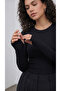 Women's Black Long Sleeve Finger Detail Crew Neck Bodysuit