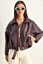 Women's Burgundy Oversize Buckle Leather Jacket 3137 60284058 - 2