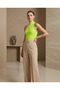 Women's Neon Green Stand Collar Zippered Sleeveless Viscose Elasthane Camisole Blouse - 4