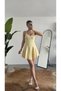Women's Yellow Strap Mini Dress with Shorts – V-Neck, Corset Form, Flared Skirt, Summer & Special Occasion Dress - 3