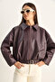 Women's Burgundy Oversize Buckle Leather Jacket 3137 60284058 - 7