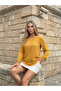 Women's Mustard Pompom Elasticized Sleeve Oval Cut Slit Collar Tunic Blouse 2842231