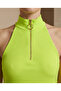 Women's Neon Green Stand Collar Zippered Sleeveless Viscose Elasthane Camisole Blouse - 2