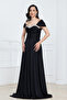 Satin Fabric Balen Stone Detailed Evening Dress - Black - 4