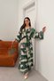Green Patterned Long Sleeve Dress with Slit Detail - 5