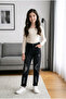 Girl's Laser Cut Distressed Detailed Trousers Jean - Anthracite Black Mom Fit