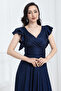Long Evening Dress with Glittering Flywheel Detail - Dark Blue - 4