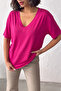 Women's Fuchsia V-Neck Short Sleeve Basic T-Shirt Nj144 - 2