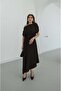 Brown Long Dress with Gathered Shoulder Detail