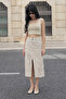 Women's Trendy Cotton Leopard Patterned Slit Beige Midi Denim Skirt