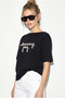 Women's Black Embroidered Text Embroidered Boat Neck T-Shirt 60382604 - 4