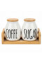 DuoStore 2-Piece White Ceramic Canister Set with Wooden Base & Lid