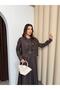 Coffee Women's Premium Denim Look Woven Suit Belted Dress and Jacket Set - 5