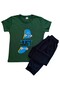 Boy's Green Color Skateboard Patterned Short Sleeve Six Long Thin Cotton Fabric Pajama Set - 2
