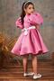Girl's Baby Collar Dress with Ribbon and Belt Detail, Balloon Sleeves, Pleated Powder Evening Dress - 2