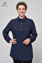 Women's Navy Blue Large Size Geometric Flare Patterned Judge Collar Lace-Up Buttoned Hijab Tunic